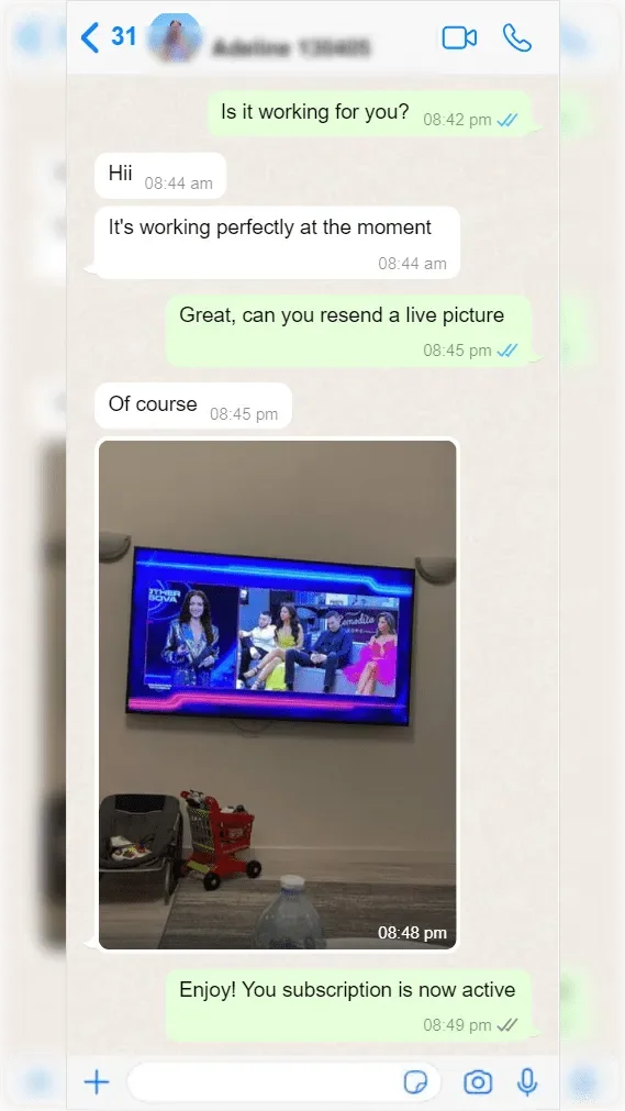 WhatsApp conversation between a subscriber and IPTV Canada support — screenshot 6 of 9