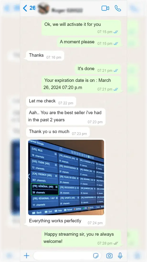 WhatsApp conversation between a subscriber and IPTV Canada support — screenshot 7 of 9
